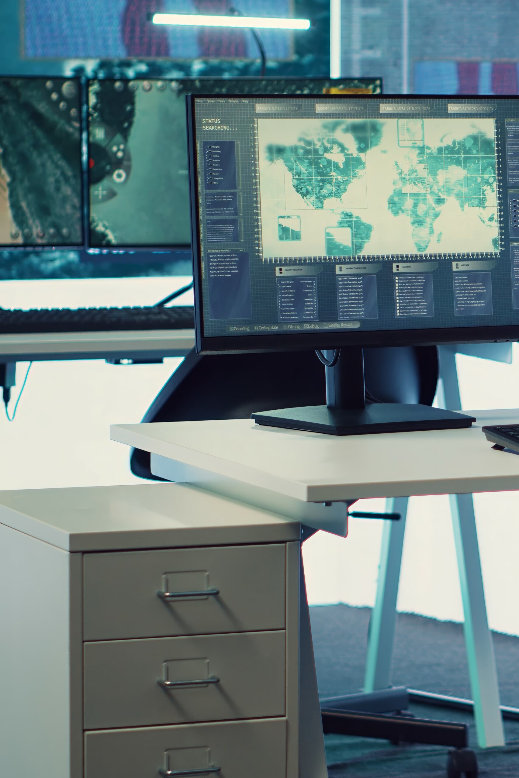 Empty military drone control center employing surveillance radar footage