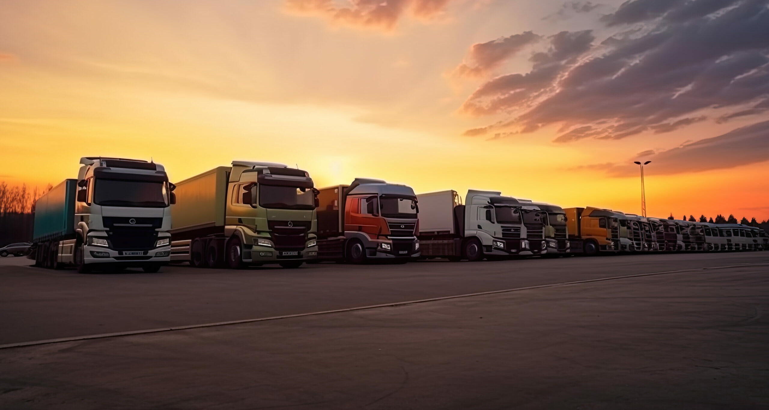 many transport trucks parked at a service station at sunset. Ai generative